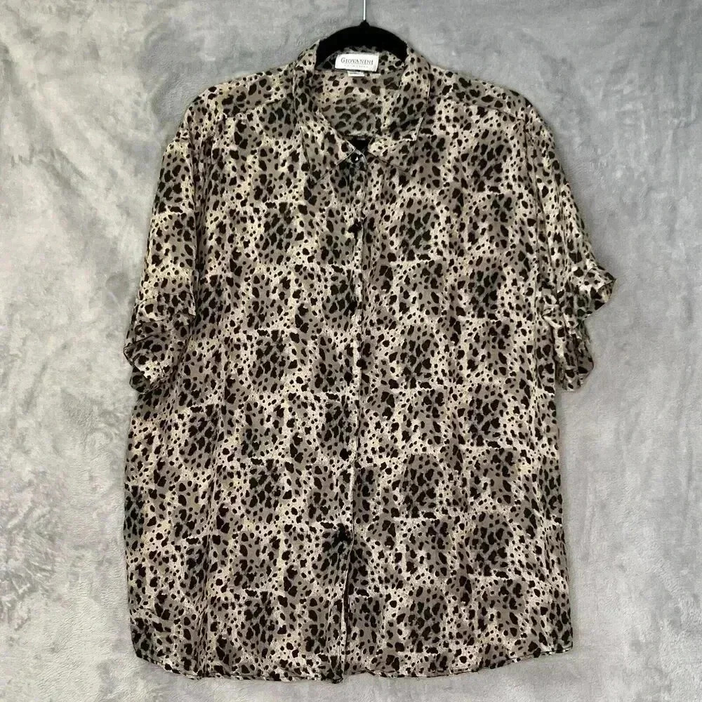 Giovanini Collection Silk Leopard Print Short Sleeves Button Front Blouse‎ XL